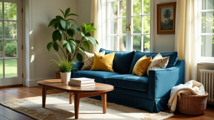 Living room with blue couch and coffee table