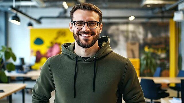 Bright open office space with a cheerful businessman in a casual hoodie and jeans recording a testimonial video, surrounded by colorful art, modern furniture, and vibrant atmospher