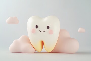 A happy cartoon tooth sits amidst soft pink clouds, promoting dental hygiene and care.