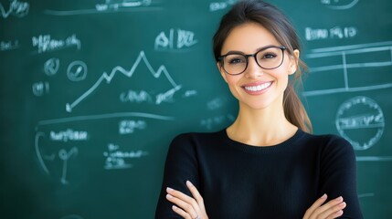 Woman with glasses contemplating ideas at chalkboard, a vision of knowledge and education