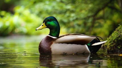 A wild duck resting by the water in a lush forest setting