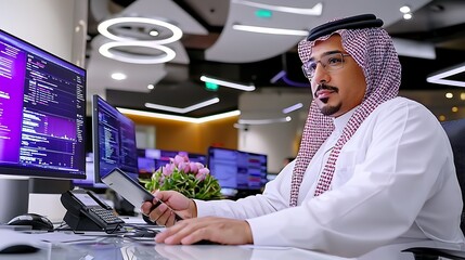 Arab Businessman in Modern Office Analyzing Financial Data on Computer Screens