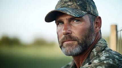 A rugged bearded man wearing a camouflage cap gazes into the distance, capturing a sense of determination, resilience, and connection with nature in an outdoor setting.