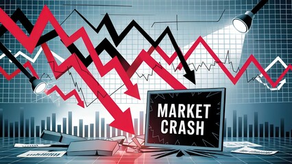 Dramatic illustration depicting a market crash with a broken screen showing downward trending stock charts.