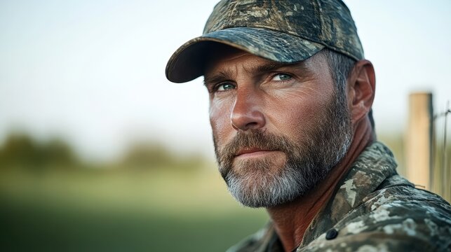 A rugged bearded man wearing a camouflage cap gazes into the distance, capturing a sense of determination, resilience, and connection with nature in an outdoor setting.