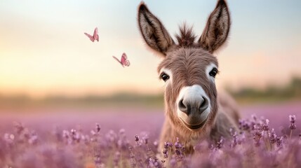 A joyful donkey with a playful expression stands in a vibrant lavender field, surrounded by fluttering butterflies, evoking a sense of happiness and nature's beauty.