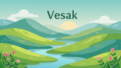 Obraz premium *Serene watercolor nature landscape with soft hills and flowing rivers, tranquil Vesak-inspired background with copy space