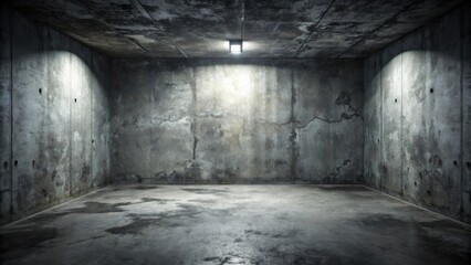Obraz premium A dimly lit, grunge concrete room with a single overhead light source, showcasing textured walls and a weathered floor, perfect for a dramatic or mysterious setting.