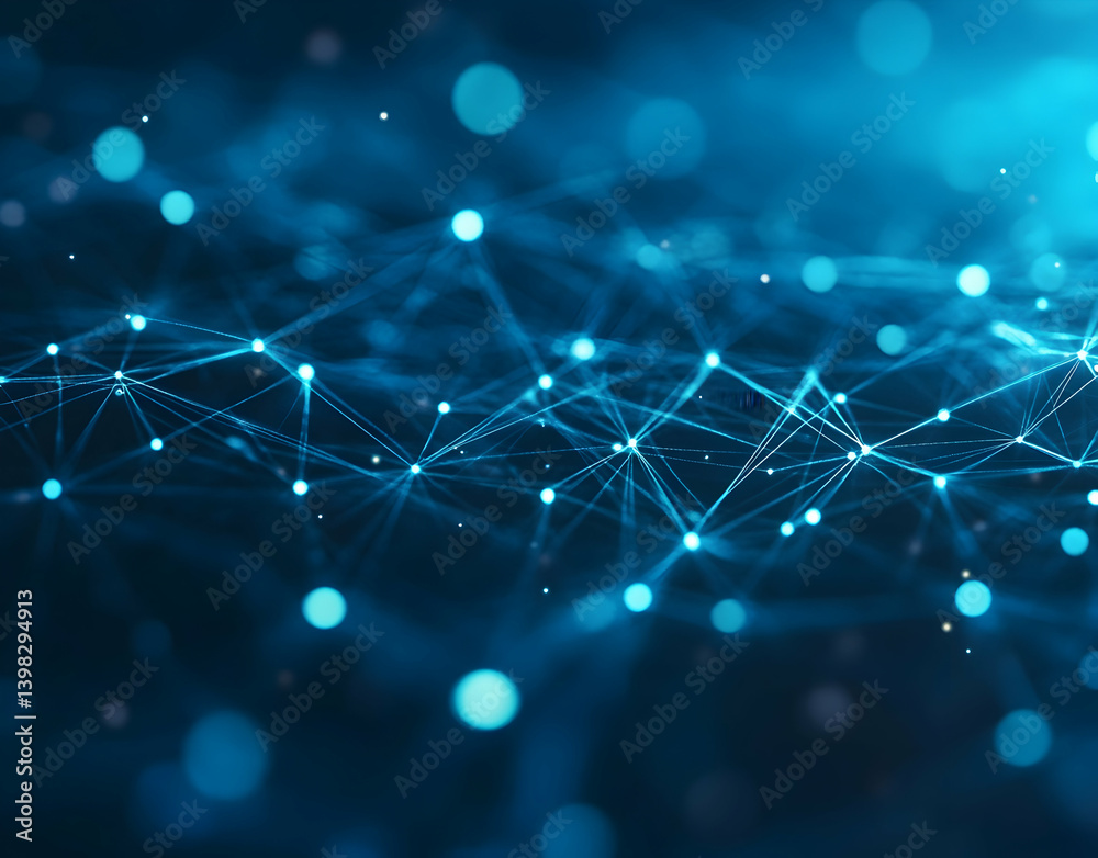 Poster abstract blue background with glowing network connection lines and dots