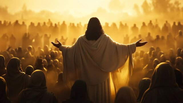 Jesus christ preaching the sermon on the mount in a golden sunrise with followers in the background