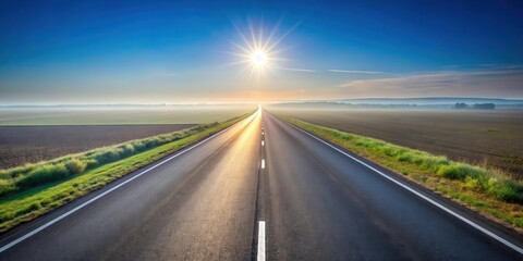 Naklejka premium Asphalt ribbon unwinding towards a radiant sunrise over a tranquil, misty field