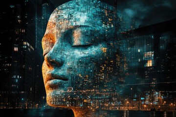 A colossal face, constructed from a city's architecture at night, embodies urban complexity and technological integration.