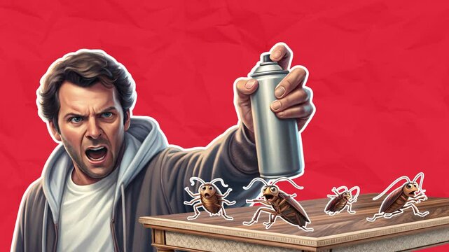 An angry man sprays Sulfuryl Fluoride from a can at his home on cockroaches running away in terror. Pest control concept. Empty space for text. Stop motion animation on red paper background