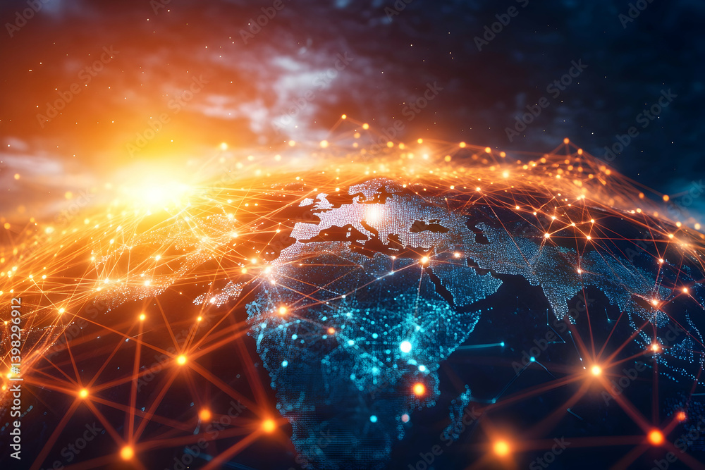 Poster abstract technology background with connected dots and lines forming a global network structure