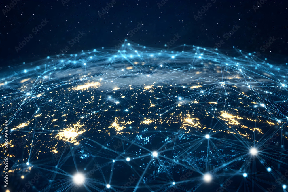 Poster abstract technology background with connected dots and lines forming a global network structure