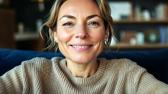 Close-up portrait of a smiling middle-aged woman wearing a light sweater, sitting comfortably on a deep blue velvet couch, surrounded by bookshelves and minimalistic decor in a tas
