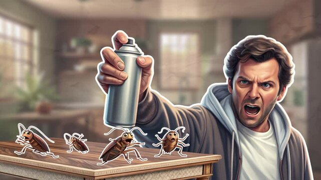 An angry man sprays Sulfuryl Fluoride from a can at his home on cockroaches running away in terror. Pest control concept. Empty space for text. Smooth animation on color paper background