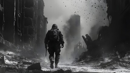Obraz premium Solitary Warrior Amidst Ruins: A lone soldier trudges through a desolate urban landscape ravaged by conflict, the solemn grayscale capturing the desolation and resilience.