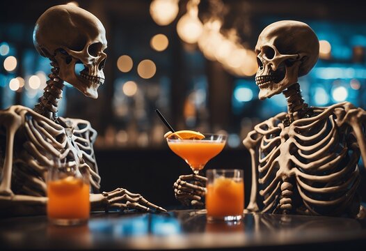 concept skeletons halloween drinking couple cocktails bar orange moon background pumpkin scarey billboard cemetery day of the dead skeleton night zombie celebration date dark party drink eve love