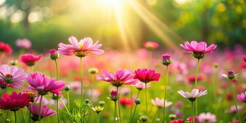Fototapeta premium Radiant pink cosmos flowers bathed in the warm glow of a setting sun, a picturesque field of blossoms creating a breathtaking scene of natural beauty