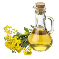 A Glass Oil Bottle with Mustard Flowers, Ready for Cooking