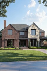 Newly constructed modern home blends brick and stone design in a serene suburban neighborhood, showcasing clean lines and expansive windows during bright daylight hours