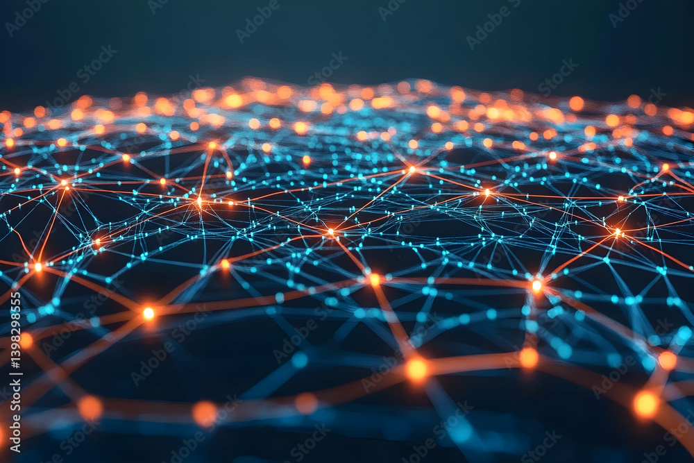 Poster abstract technology background with connected dots and lines forming a global network structure