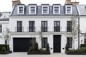 Elegant modern townhouse with sleek design and manicured landscaping located on a serene street in an upscale neighborhood during a cloudy day