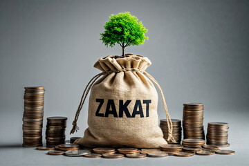Zakat: A burlap sack brimming with coins, a thriving sapling sprouting from its top, symbolizing growth, prosperity, and charitable giving against a neutral background.