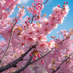 Spring Cherry Blossom Tree Branches with Pink Flowers