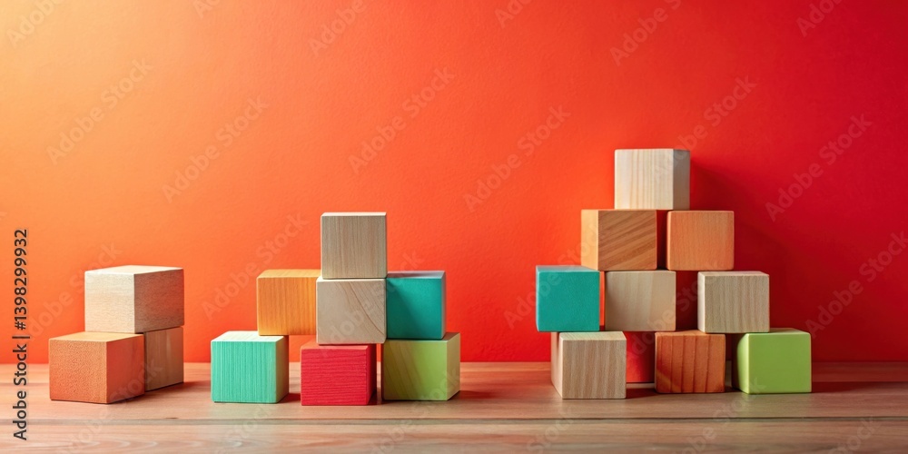 Aufkleber Colorful Wooden Blocks Arranged in Varied Stacking Structures on a Tabletop Against a Vibrant Background