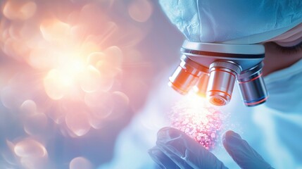 Analyzing Scientist carefully analyzing a blood sample under a microscope in a laboratory setting.