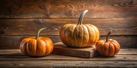 Rustic Still Life Featuring Three Pumpkins of Varying Sizes on Wooden Surface