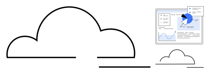 Large cloud outline with a smaller cloud and a digital dashboard including charts, graphs, and pie charts highlighting analytics. Ideal for tech, analytics, data, cloud solutions, business, finance