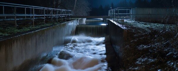Biomass Hydro Night Style. Nighttime scene of rushing water through a man-made channel surrounded by trees.