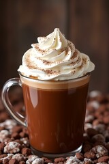 Hot chocolate topped with whipped cream. Hot cocoa. Cafe drink menu. Food mock up for presentation and wallpaper