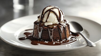 Chocolate cake with rich chocolate frosting, served on a ceramic plate, generated AI
