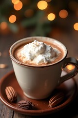 Hot chocolate topped with whipped cream. Hot cocoa. Cafe drink menu. Food mock up for presentation and wallpaper