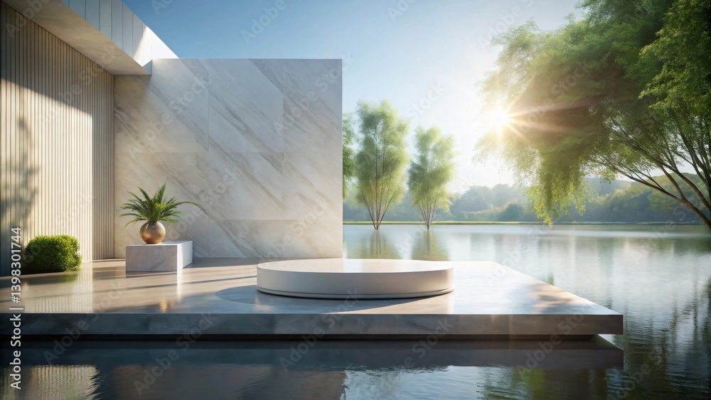 Poster serene minimalist display platform by a tranquil water feature with lush greenery