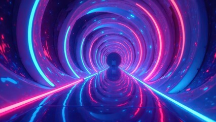 Abstract Futuristic Neon Tunnel with Vibrant Pink and Blue Glowing Lights Reflecting on a Sleek, Reflective Surface