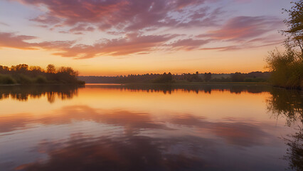 Tranquil Sunset Over a Calm River – Warm Golden Light Reflection