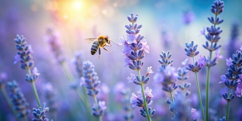 Fototapeta premium A honeybee in flight approaches a cluster of lavender blossoms bathed in soft sunlight, a tranquil scene of nature's harmony and pollination
