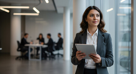 A professional businesswoman executive holds a tablet, overlooking a company meeting. Managerial focus and corporate environment create a dynamic business atmosphere.