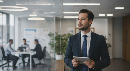 Fototapeta premium A executivein a suit holds a tablet in a modern office. Manager looking away while holding a tablet in a office.