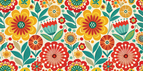 Fototapeta premium Colorful floral pattern featuring vibrant flowers and leaves.