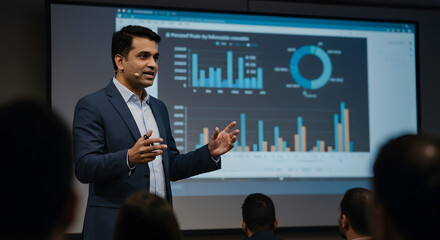 Businessman presents analytics with charts to an audience in a professional setting. Speaker discusses data insights using graphs on a screen, engaging a focused audience.