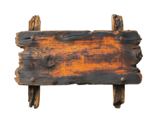 Rustic wooden signboard displaying vintage charm in natural environment top view. Isolated on transparent background, png.