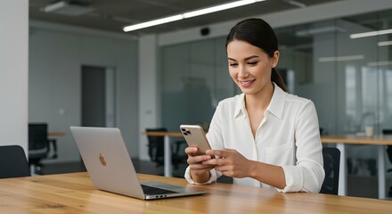 A business executive in a modern office smiles at her smartphone while seated at a wooden desk. The sleek setting, with a laptop, emphasizes a professional atmosphere.