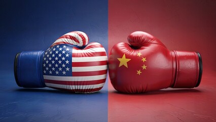 Two boxing gloves featuring the american and china flags, facing each other on a blue and red background, symbolize international trade conflict and political rivalry.