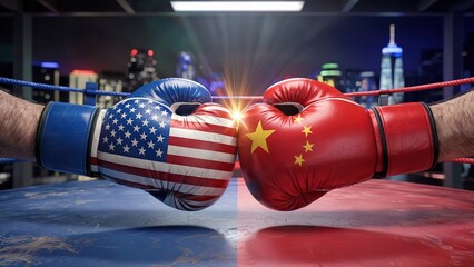 Boxing gloves bearing usa flag, china flags confronting, symbolizing geopolitical tensions and economic rivalry between superpowers.